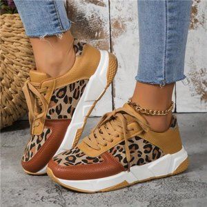 New Leopard Lace-up Chunky Sneakers,, Lightweight Low Top Sneakers